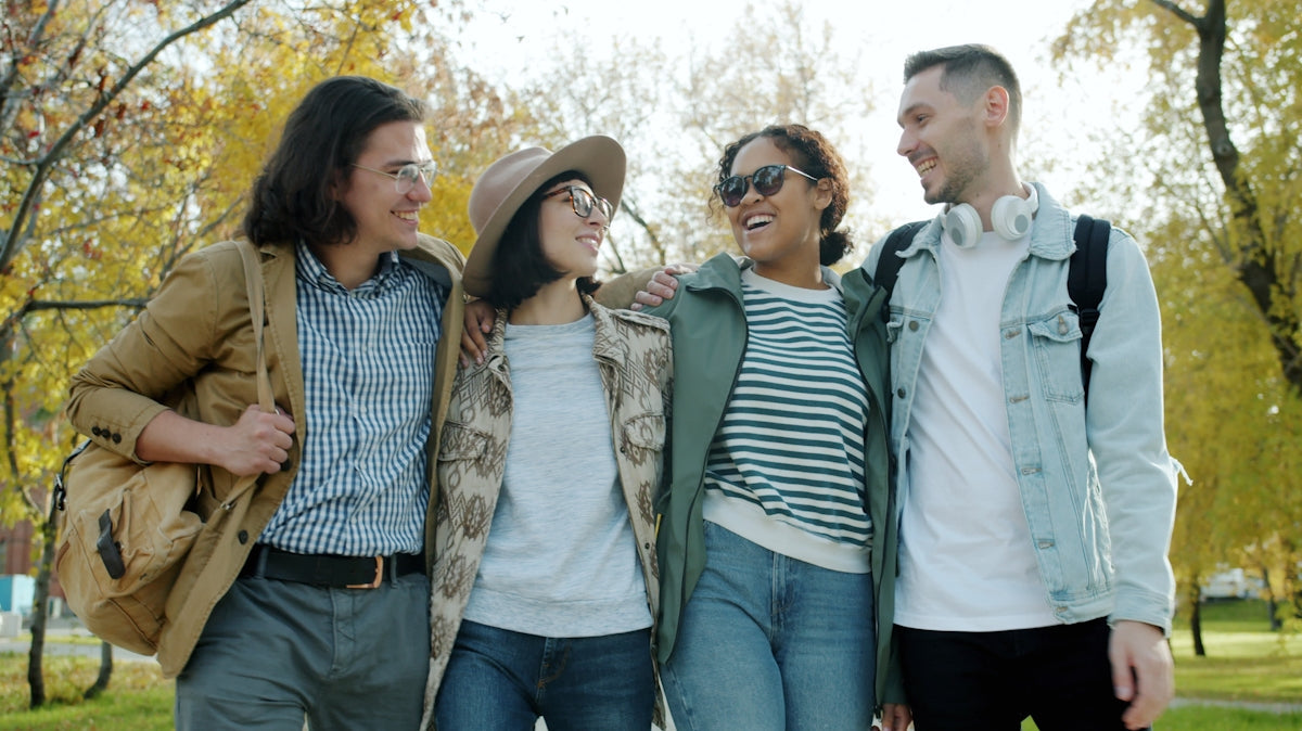 Four friends walking together in a park