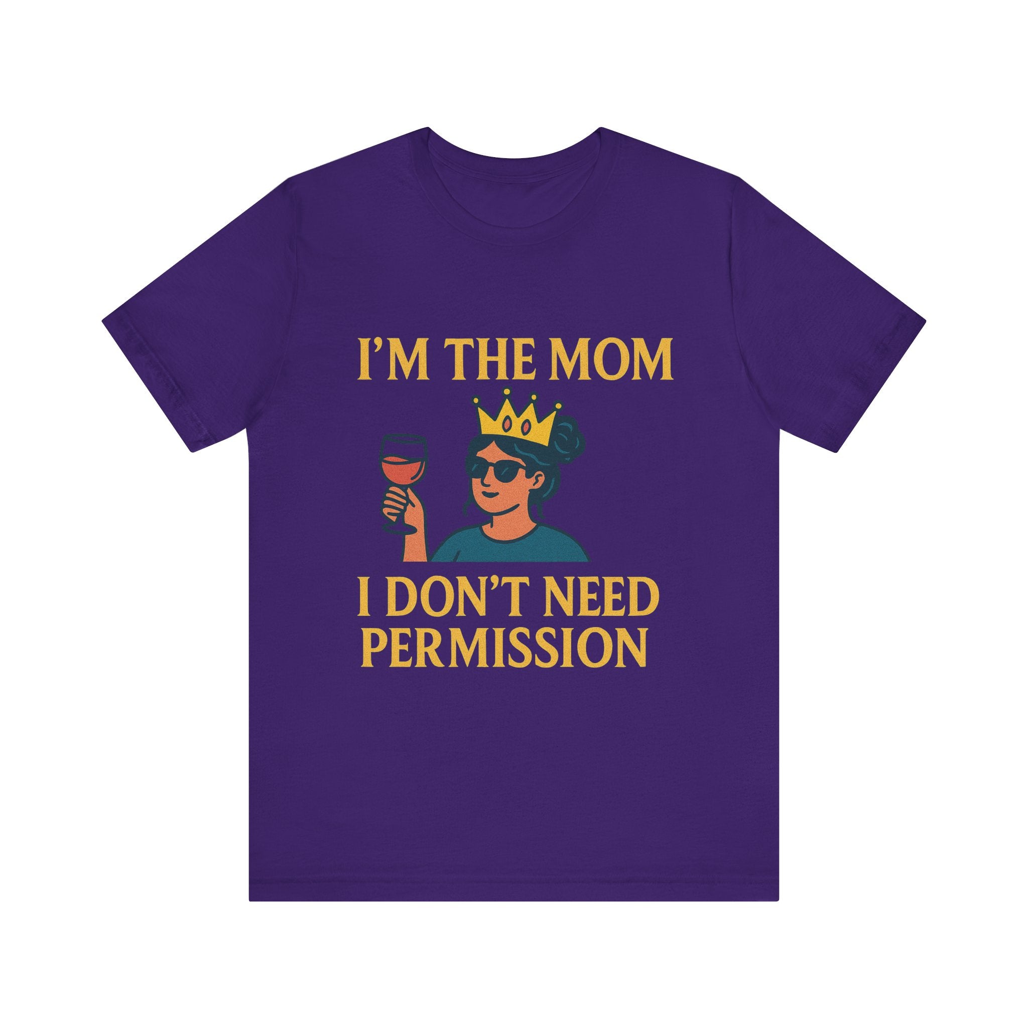 A purple t-shirt featuring a whimsical graphic of a woman holding a wine glass