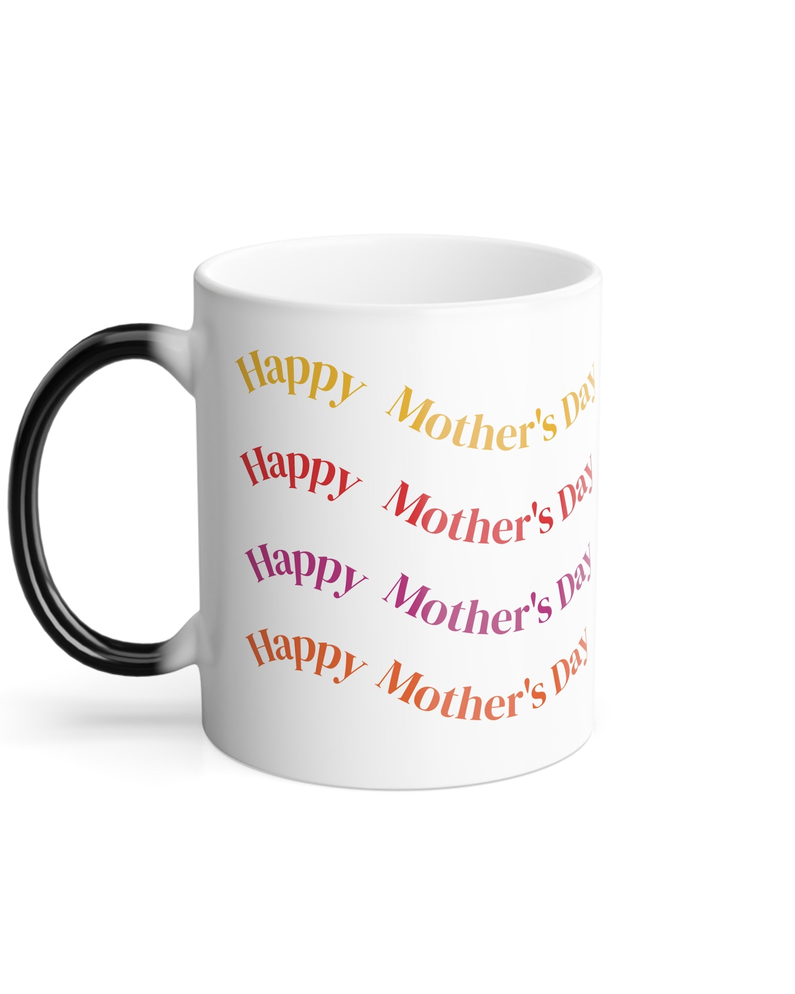 A white coffee mug featuring colorful, curved text that reads "Happy Mother's Day