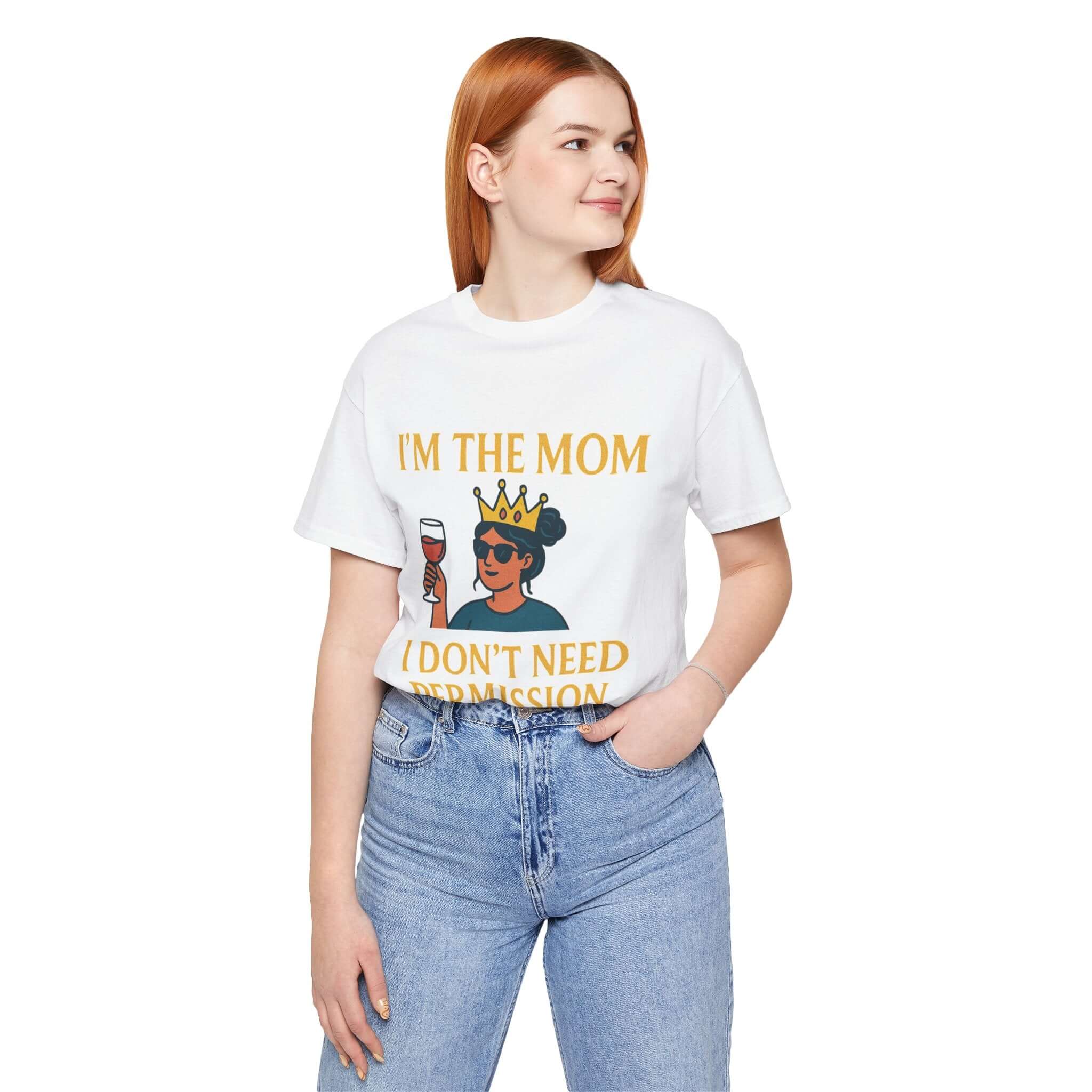 A woman wearing a white t-shirt with the text