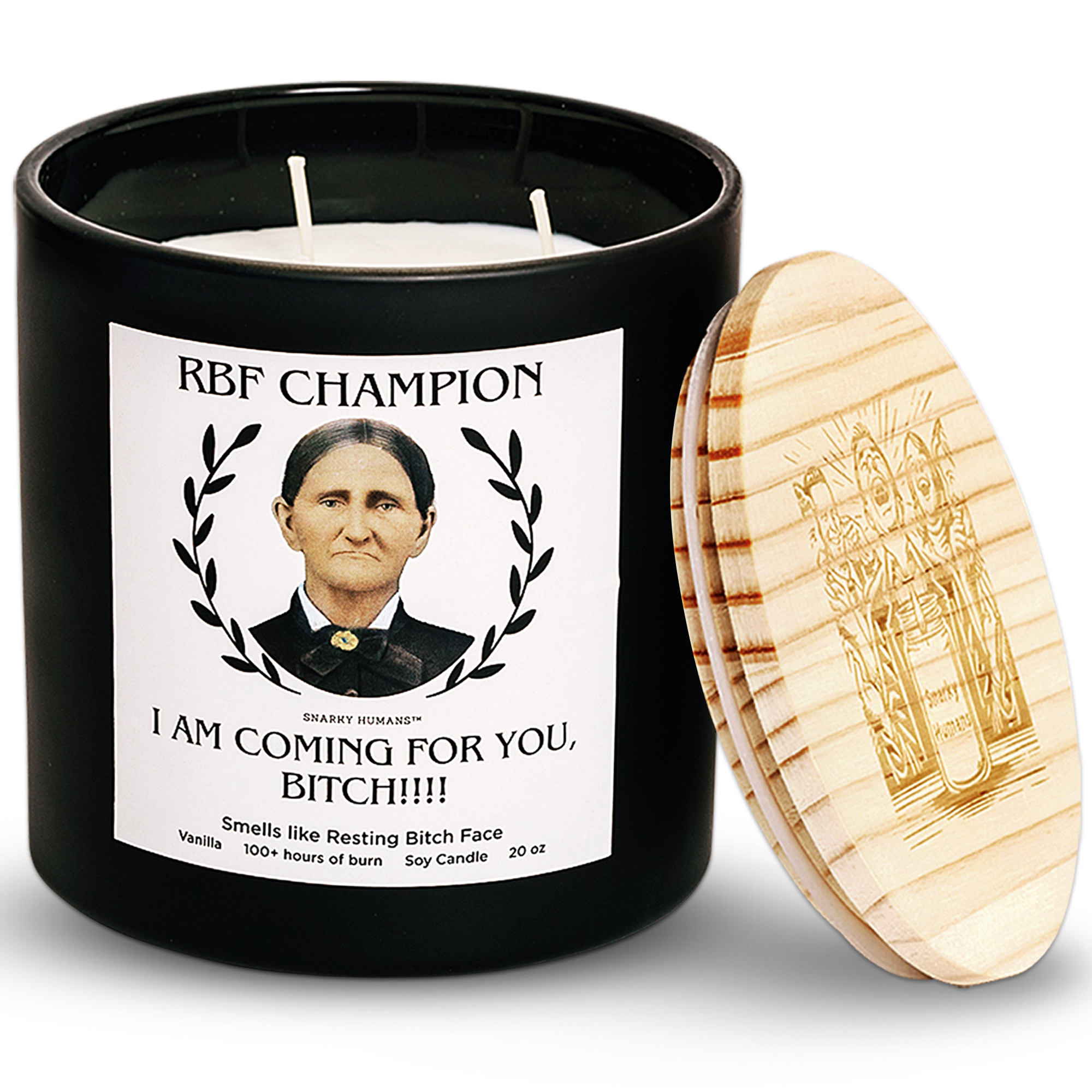 A black soy candle jar with a humorous label