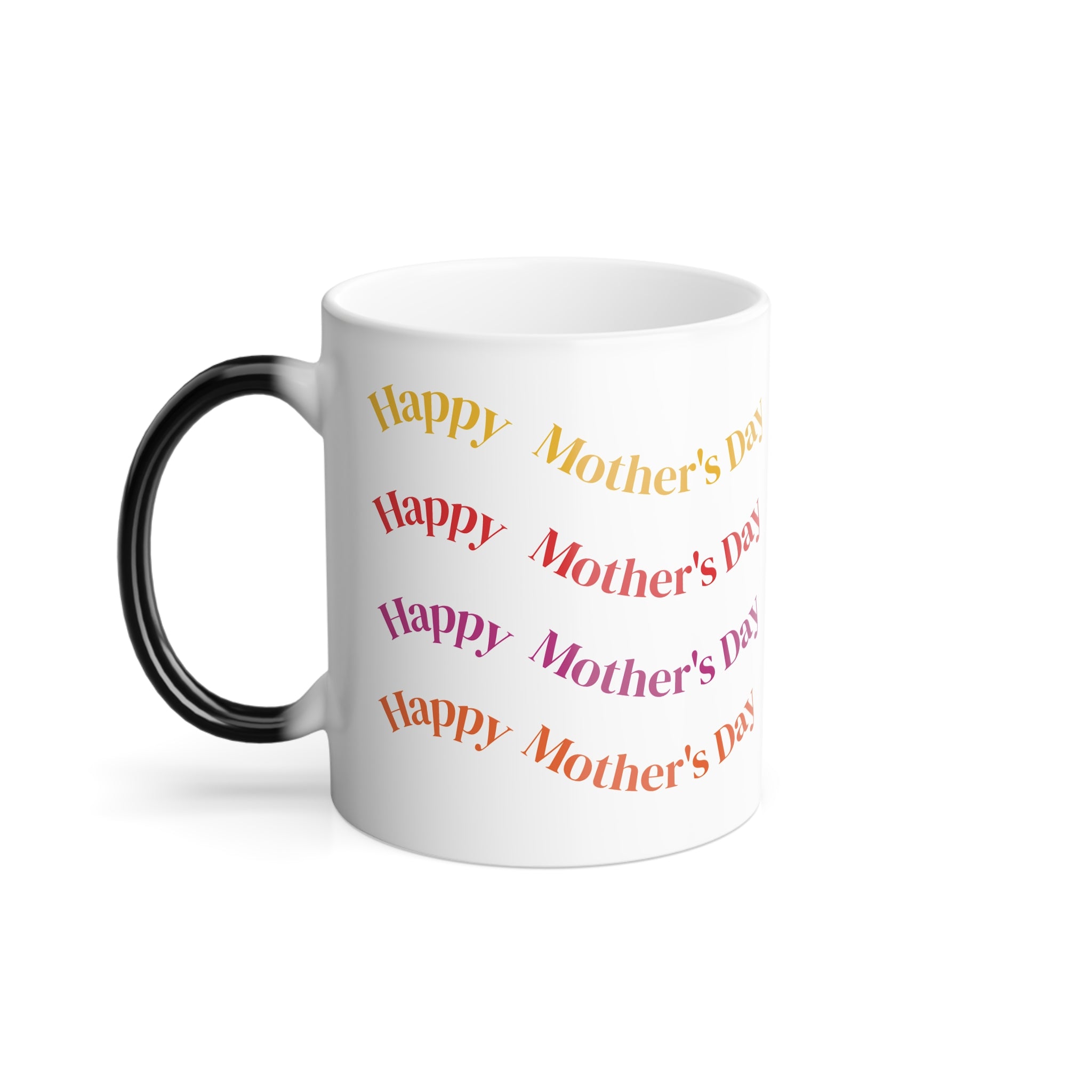 A white coffee mug featuring colorful, curved text that reads "Happy Mother's Day